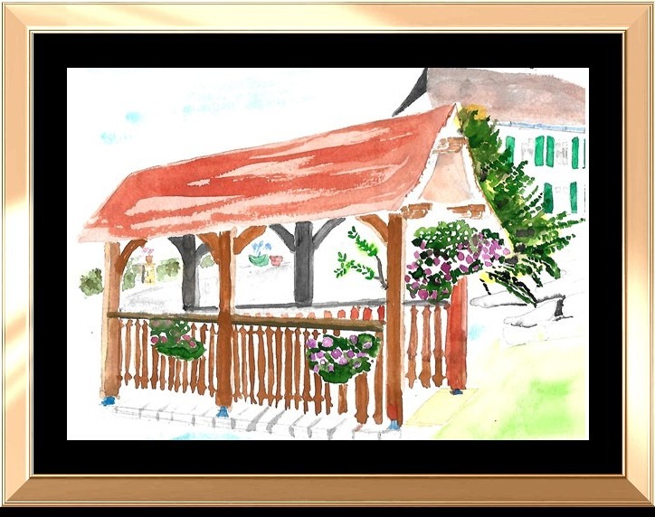 Aquarelle : la passerelle couverte, fleurie, sur le Grumbach