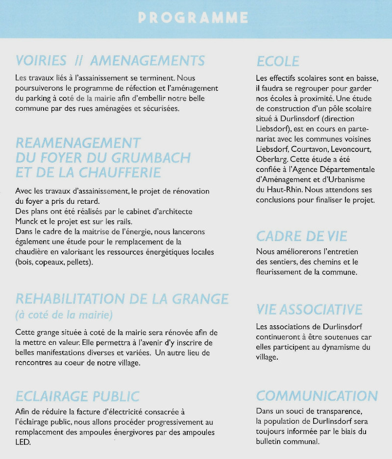 Programme annoncé par l'équipe en place pour 6 ans